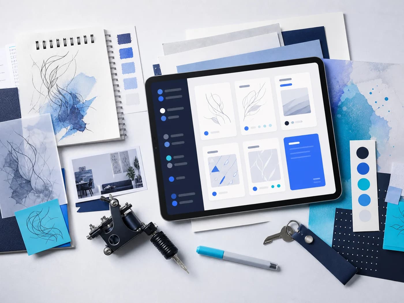 An organized tattoo planning workspace with portfolio references, studio tools, and a digital planning board